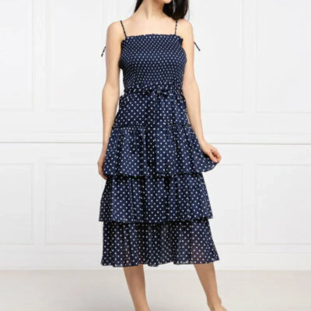 Tory Burch Silk Printed Tiered Ruffle Dress - Navy Polka Dot - size small